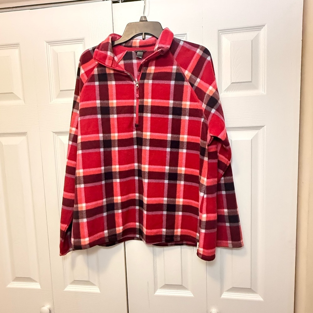 Eddie Bauer Plaid Quarter Zip Fleece Pullover XXL Red Pink Plaid